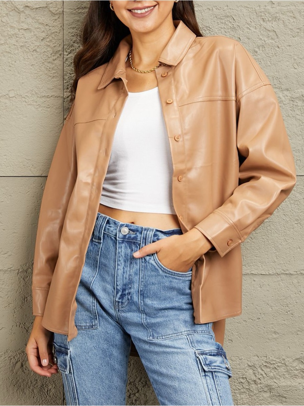 Blu Pepper Camel Faux Leather Button Down Shirt